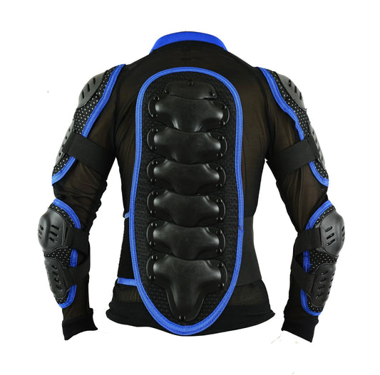 Black motorcycle protective jacket with blue trim and integrated black armor plates on the back, shoulders, and elbows