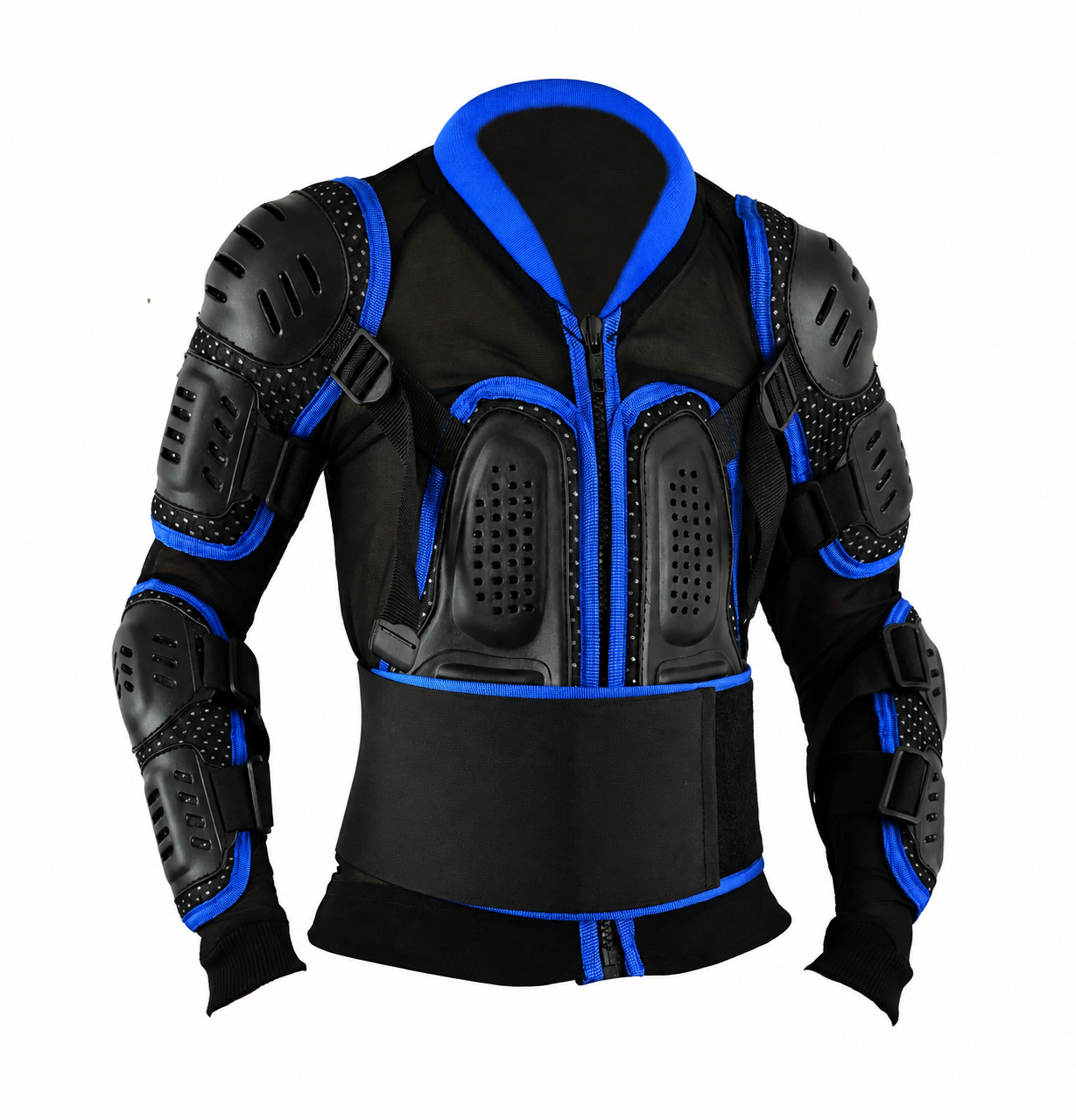 Black and blue protective sports jacket with integrated shoulder, elbow, and chest pads
