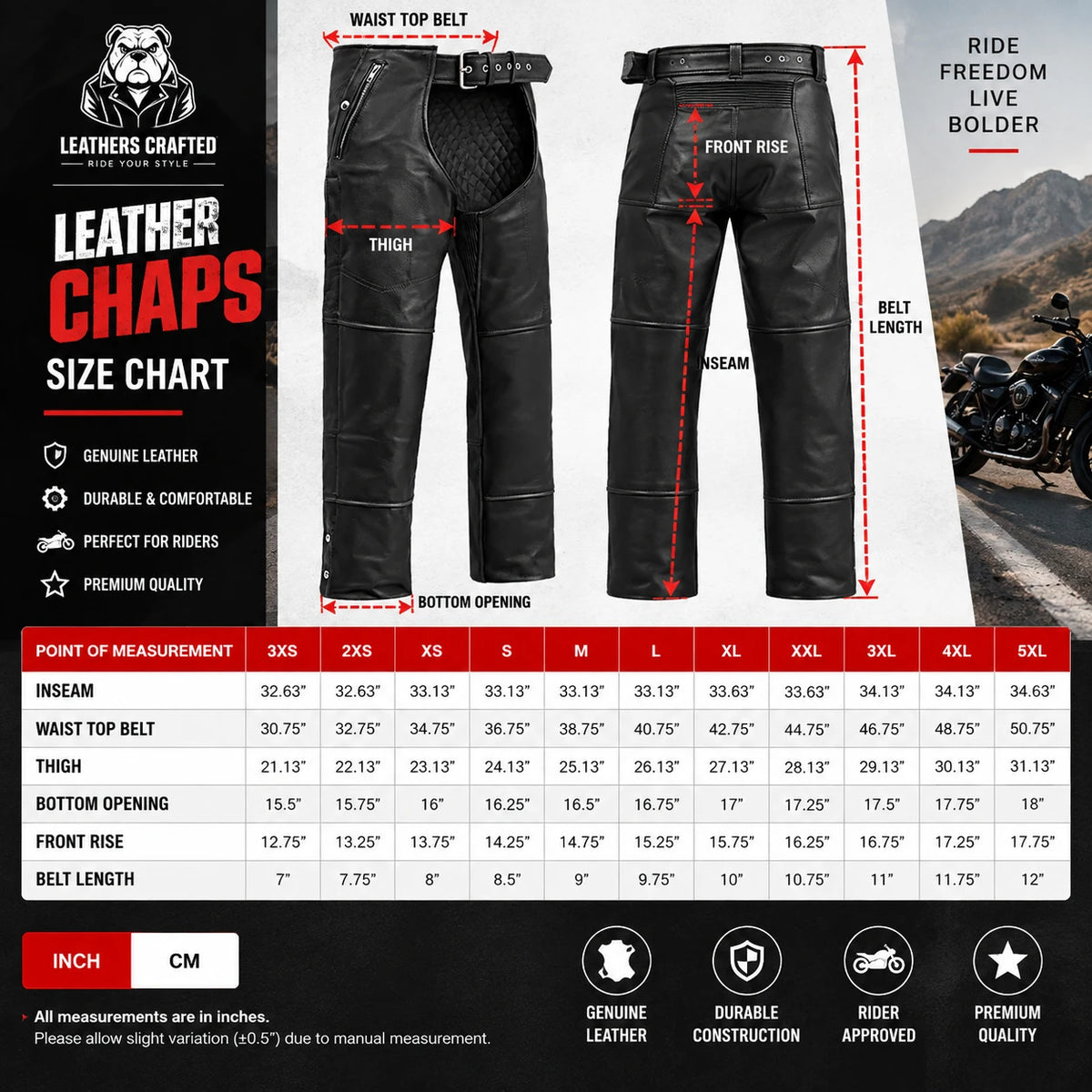Men's Black Leather Motorcycle Chaps – Buckle Waist, Side Pocket