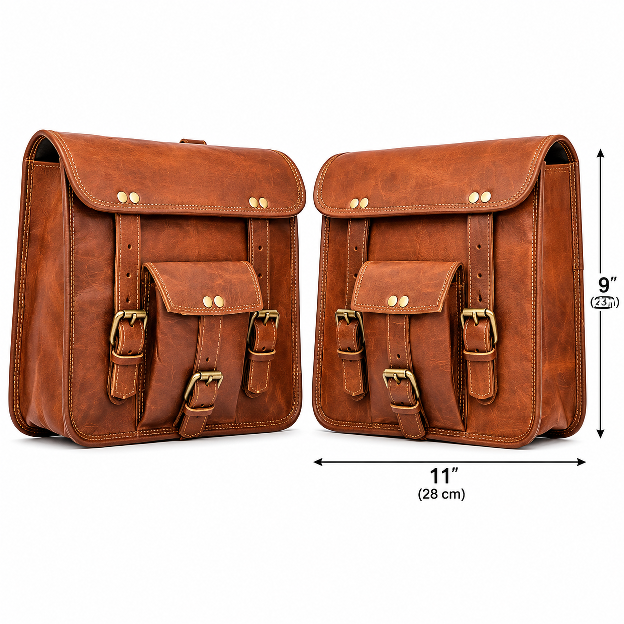 Vintage brown leather motorcycle saddle bag with buckle straps and multiple compartments