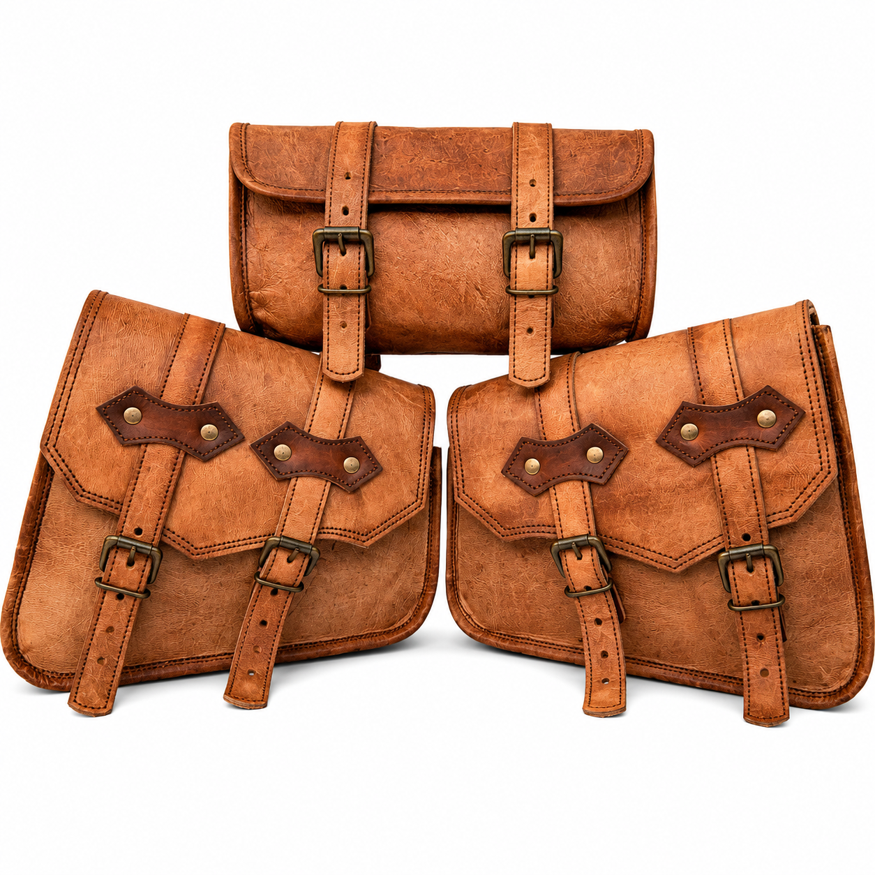 Handcrafted tan leather 3-piece motorcycle saddle bags set with side bags and rear bag