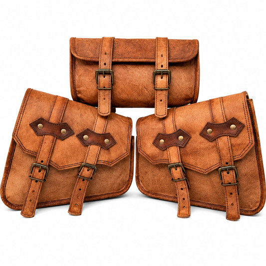 Handcrafted tan leather 3-piece motorcycle saddle bags set with side bags and rear bag