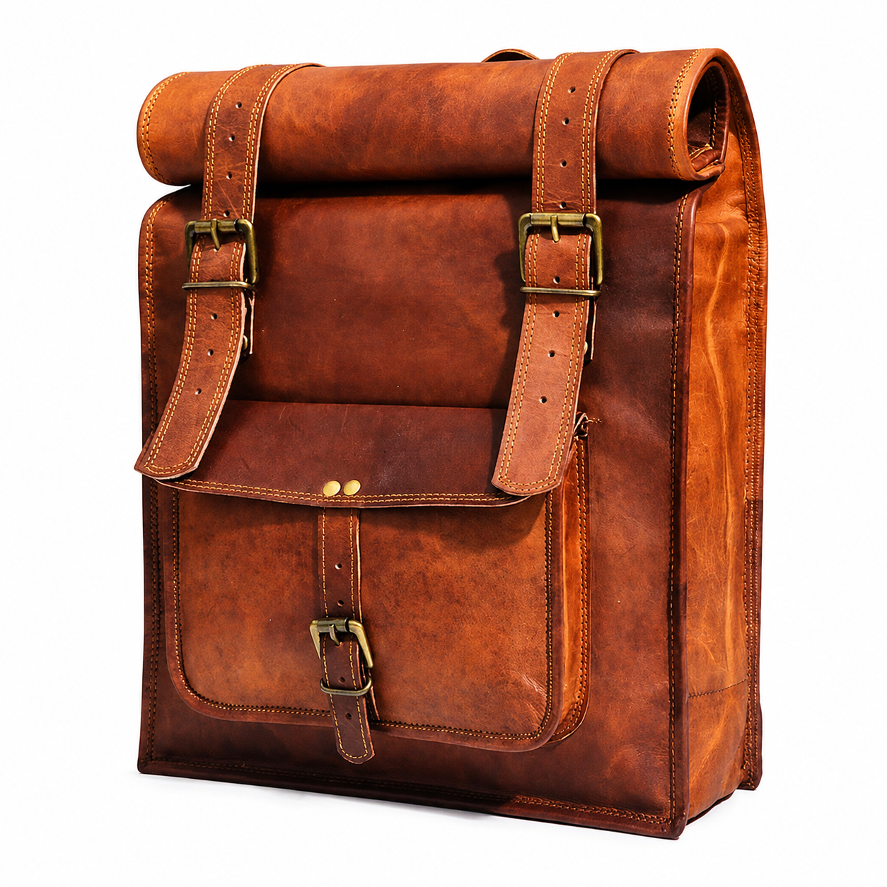 Vintage brown leather roll top backpack with front pocket and buckle closure