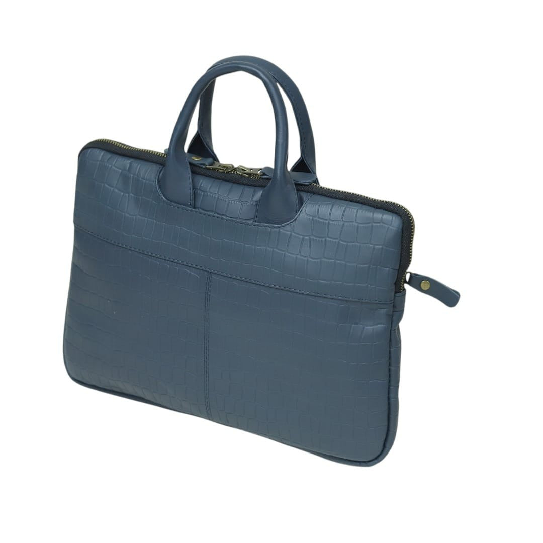 Crocodile textured blue leather briefcase with zipper closure