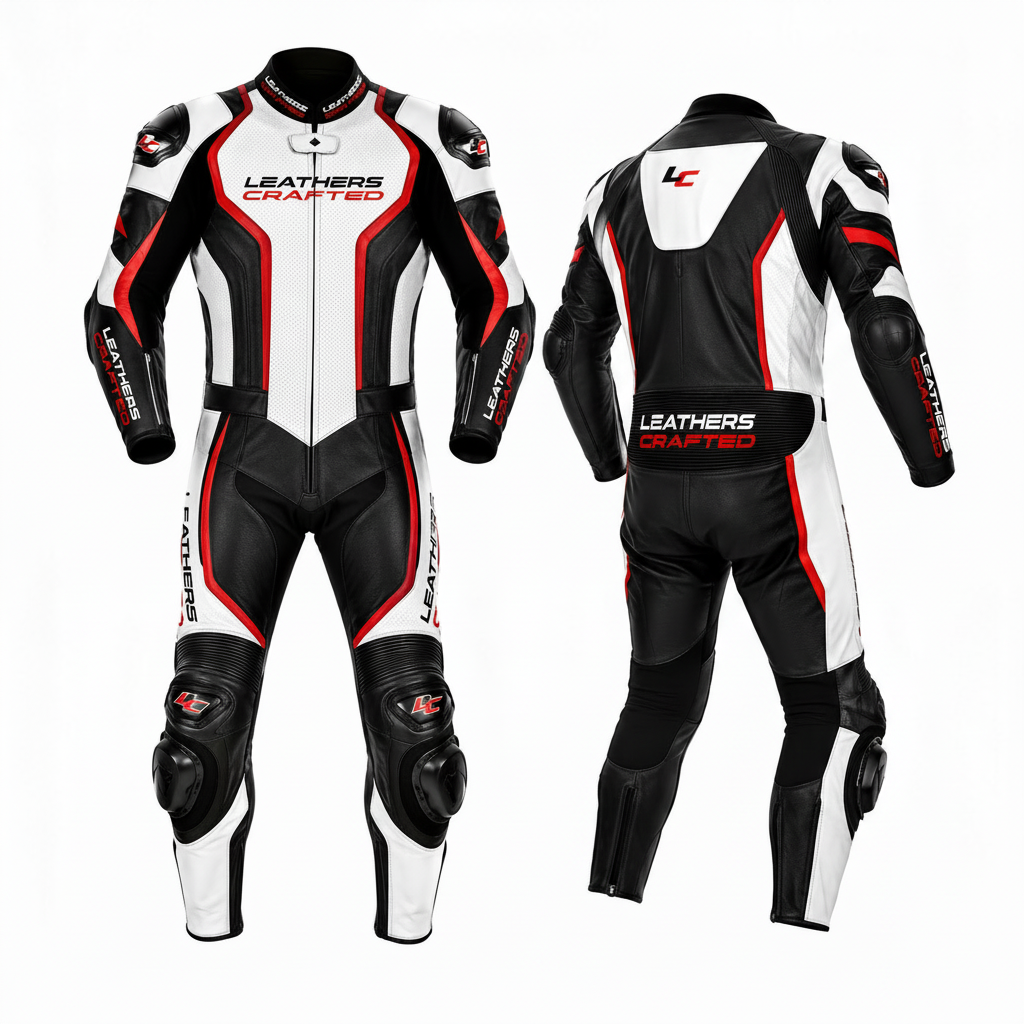 Leathers Crafted racing suit with front and side views on a white background