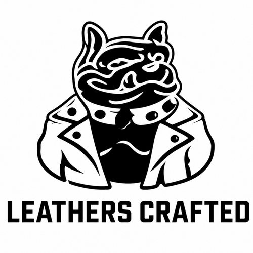 A black and white graphic logo featuring a stylized dog wearing a leather jacket and bow tie, with the text 'LEATHERS CRAFTED' below on a white background.