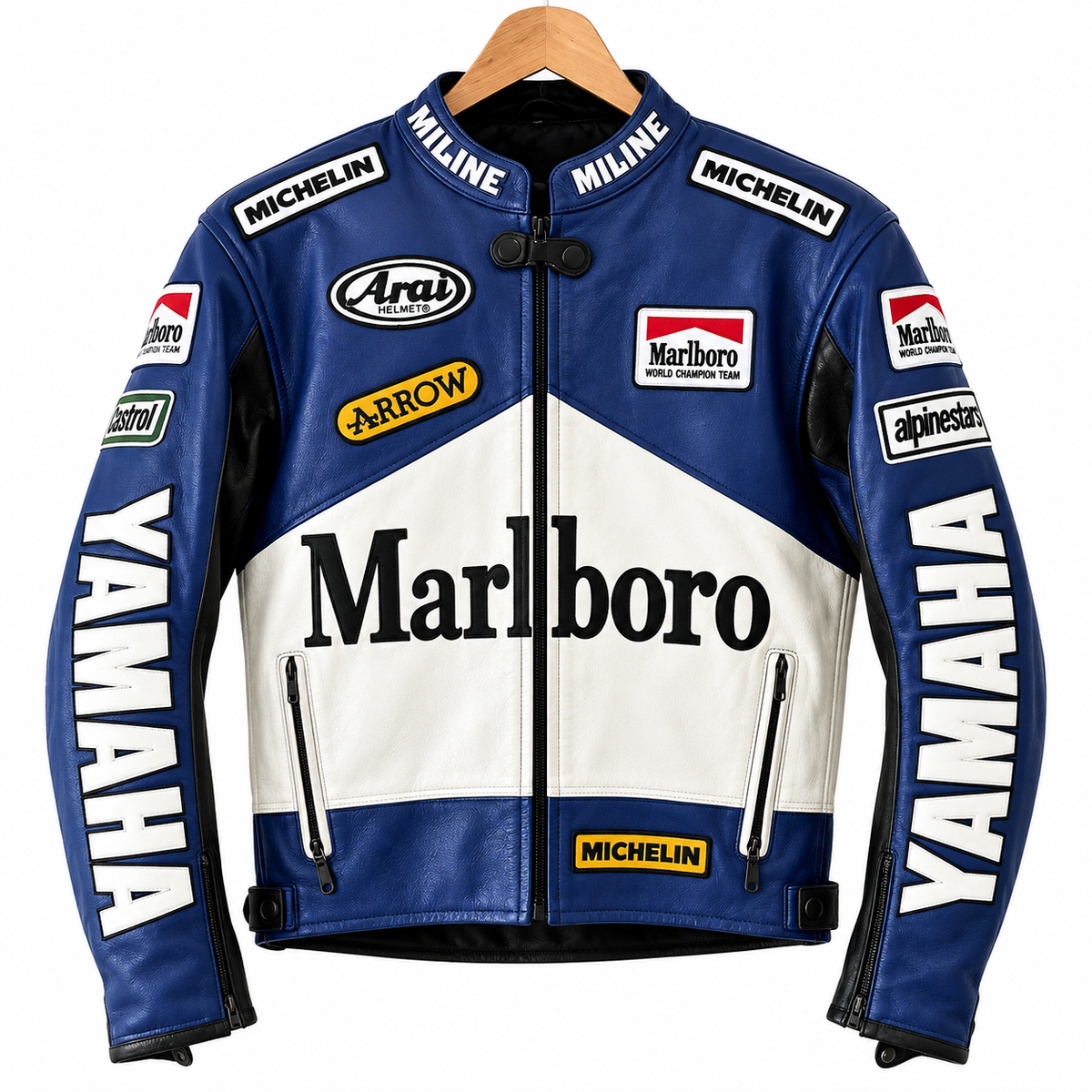 A blue and white leather motorcycle racing jacket with prominent Marlboro, Yamaha, Michelin, Arrows, and Alpinestars sponsor logos, displayed on a wooden hanger against a white background.