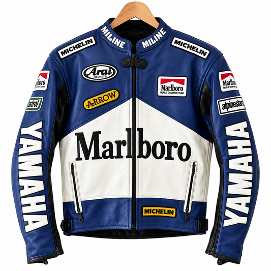 A blue and white leather motorcycle racing jacket with prominent Marlboro, Yamaha, Michelin, Arrows, and Alpinestars sponsor logos, displayed on a wooden hanger against a white background.