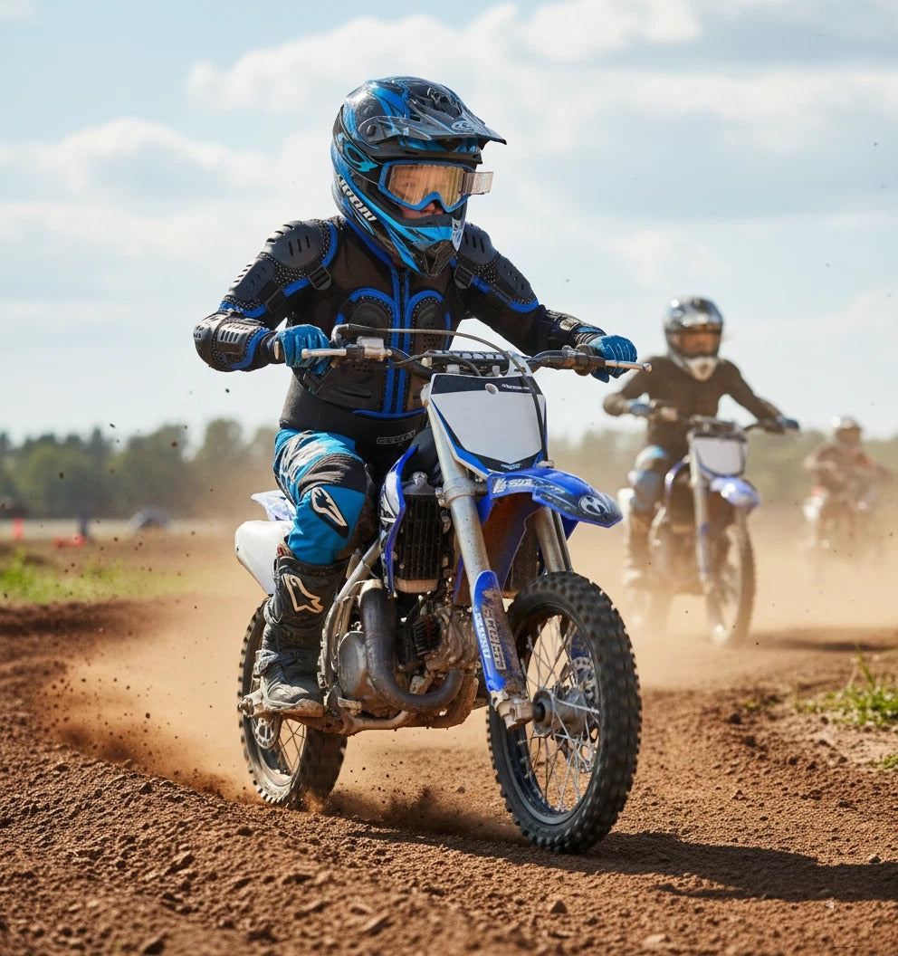 A motocross rider in full blue and black protective gear rides a blue and white dirt bike on a dusty dirt track, with other riders blurred in the background under a cloudy sky.