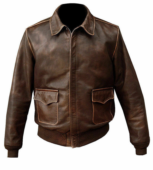 Men's brown leather jacket with classic collar, front zip and flap pockets by Leathers Crafted