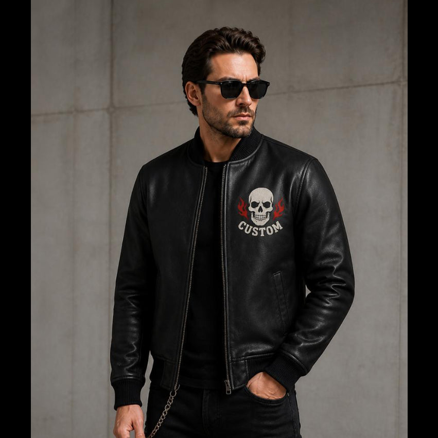 Men's Custom Skull Flame Leather Bomber Jacket – Black Biker Jacket
