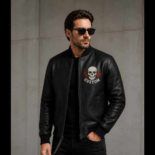 Men's Custom Skull Flame Leather Bomber Jacket – Black Biker Jacket