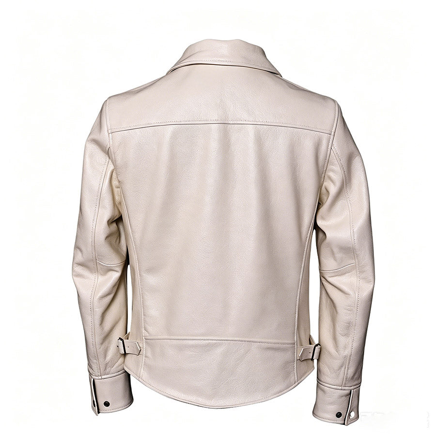 Men’s White Cowhide Leather Jacket – Classic Lapel Collar Slim Fit Style