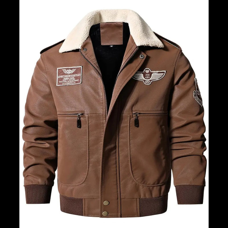 Men's Aviator Bomber Jacket with Patches and Sherpa Collar Leathers Crafted