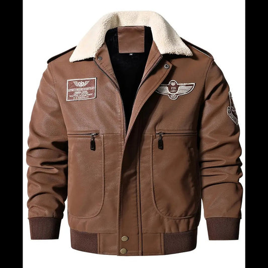 Men's Aviator Bomber Jacket with Patches and Sherpa Collar Leathers Crafted