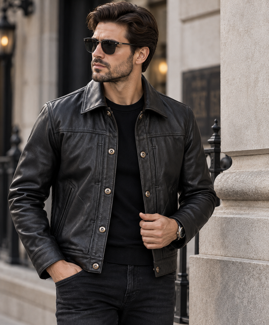 Men’s black cowhide leather jacket with classic lapel collar and button front
