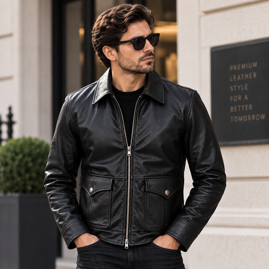 Men’s black cowhide leather jacket with lapel collar, full zipper and utility pockets
