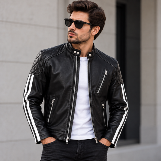 Men’s Black Genuine Cowhide Leather Jacket – Slim Fit Racing Stripe Style
