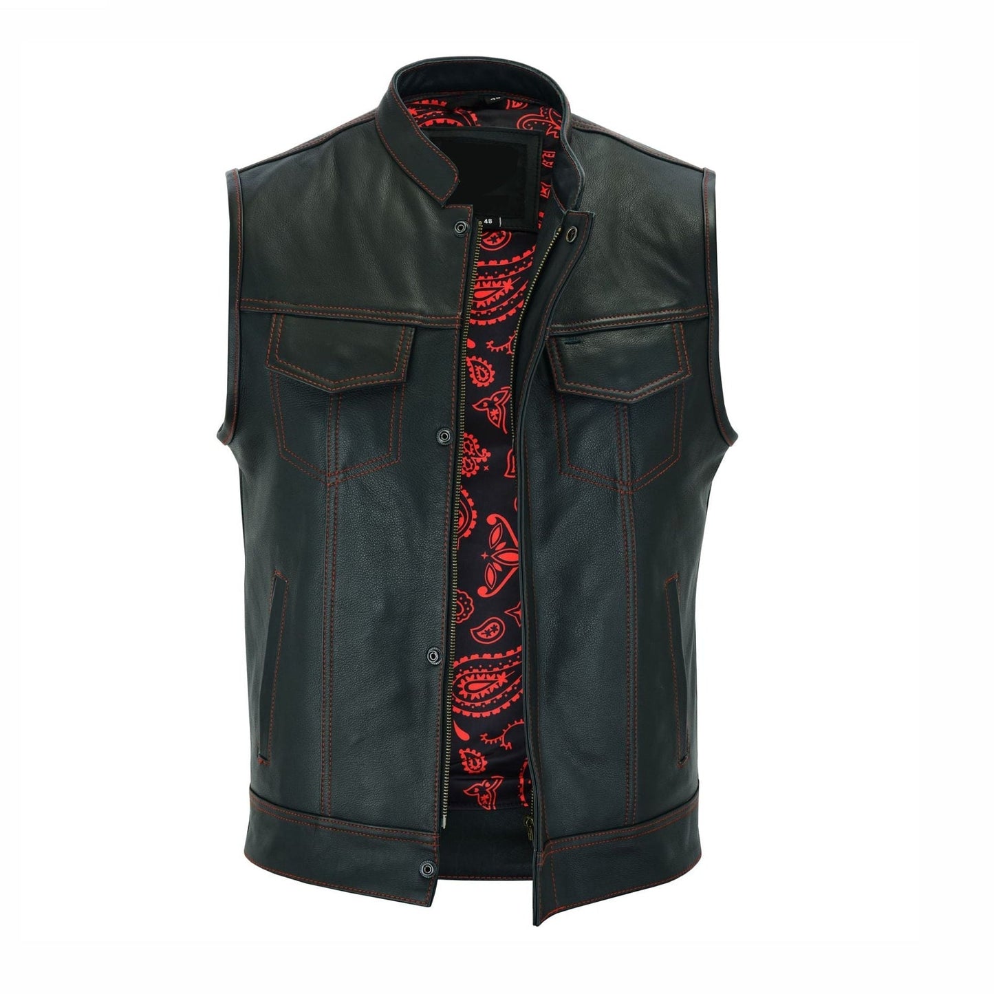 Men’s Black Leather Biker vest with Paisley Liner / Motorcycle Vest Leathers Crafted