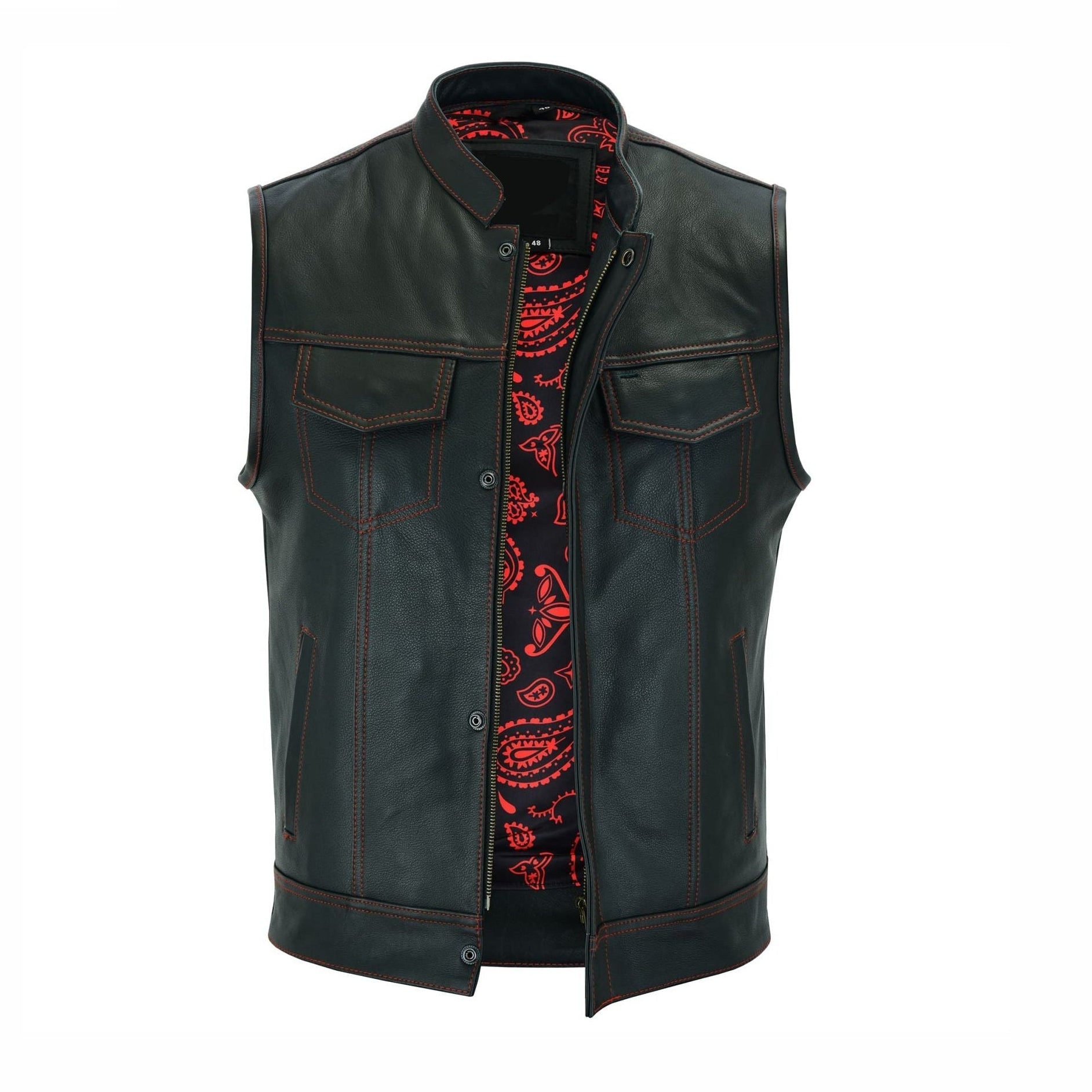Men’s Black Leather Biker vest with Paisley Liner / Motorcycle Vest Leathers Crafted