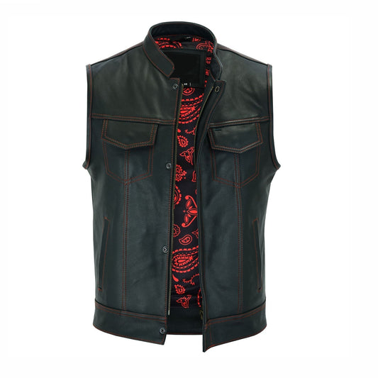 Men’s Black Leather Biker vest with Paisley Liner / Motorcycle Vest Leathers Crafted