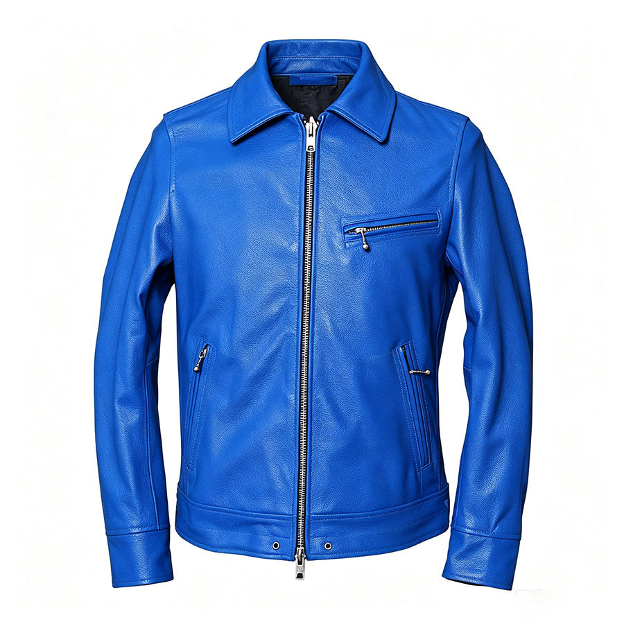 Men’s blue cowhide leather jacket with classic lapel collar and zippered pockets