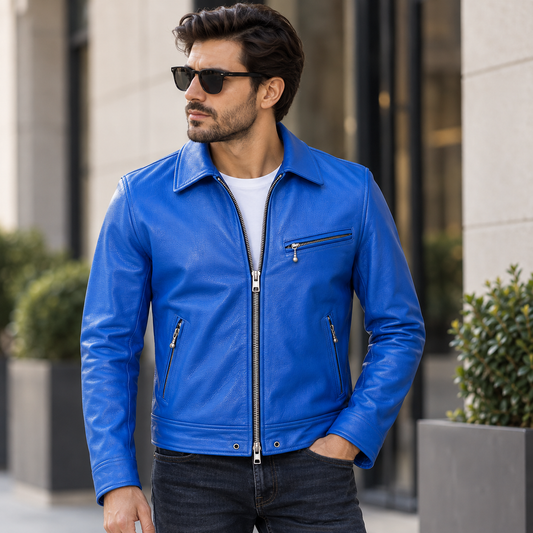 Men’s Blue Cowhide Leather Jacket – Classic Lapel Collar Slim Fit Style