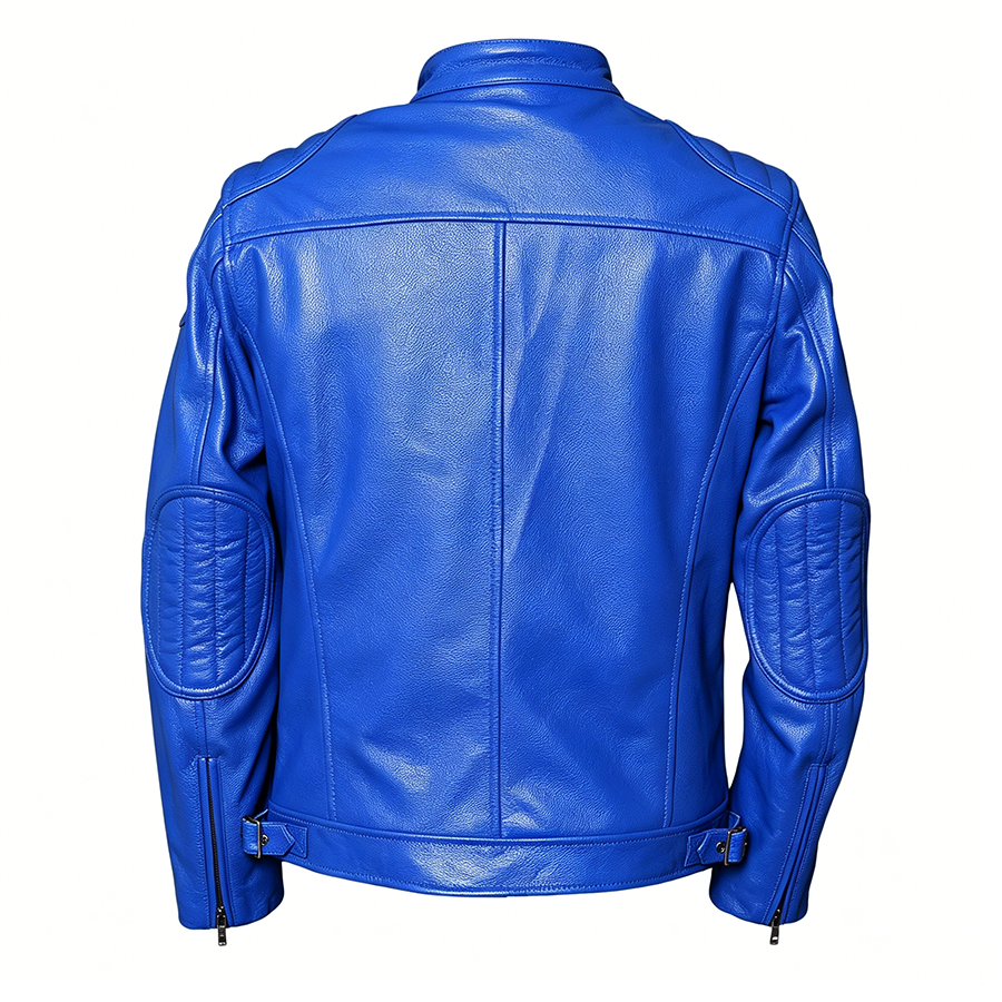 Men’s blue cowhide leather jacket with stand collar, quilted shoulders and zippered pockets