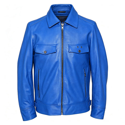 Men’s blue leather jacket with lapel collar, front zipper and multiple pockets