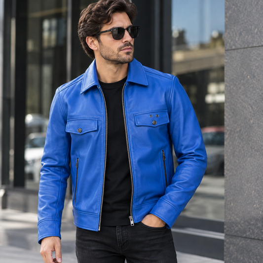Men’s blue leather jacket with lapel collar, front zipper and multiple pockets