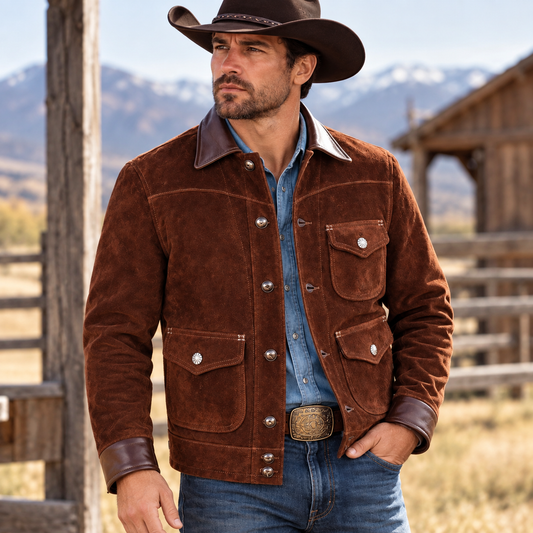 Men’s brown suede leather jacket with vintage Western cowboy styling and front utility pockets