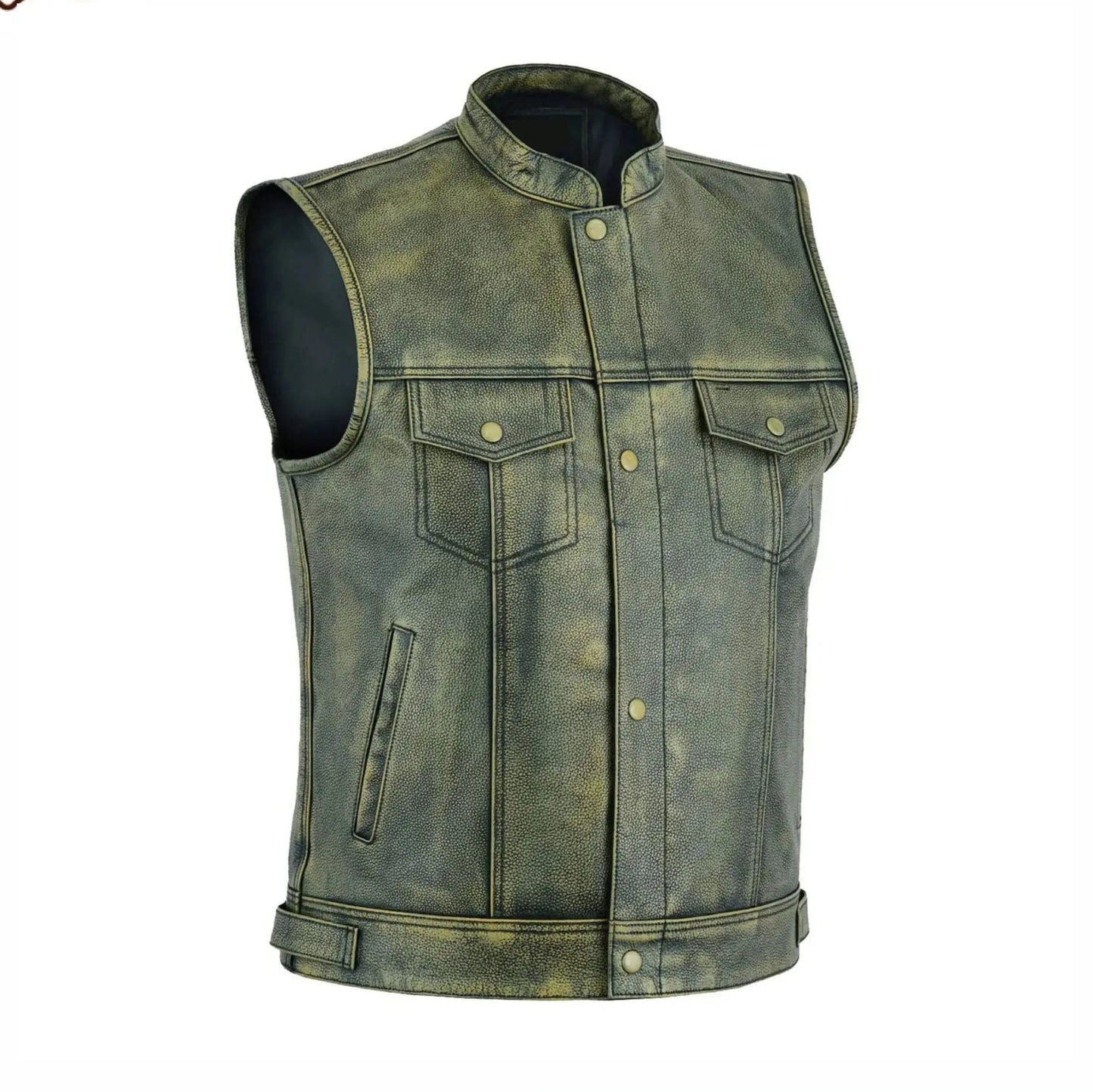 Vintage Edge: Distressed Brown Leather Biker Vest Leathers Crafted