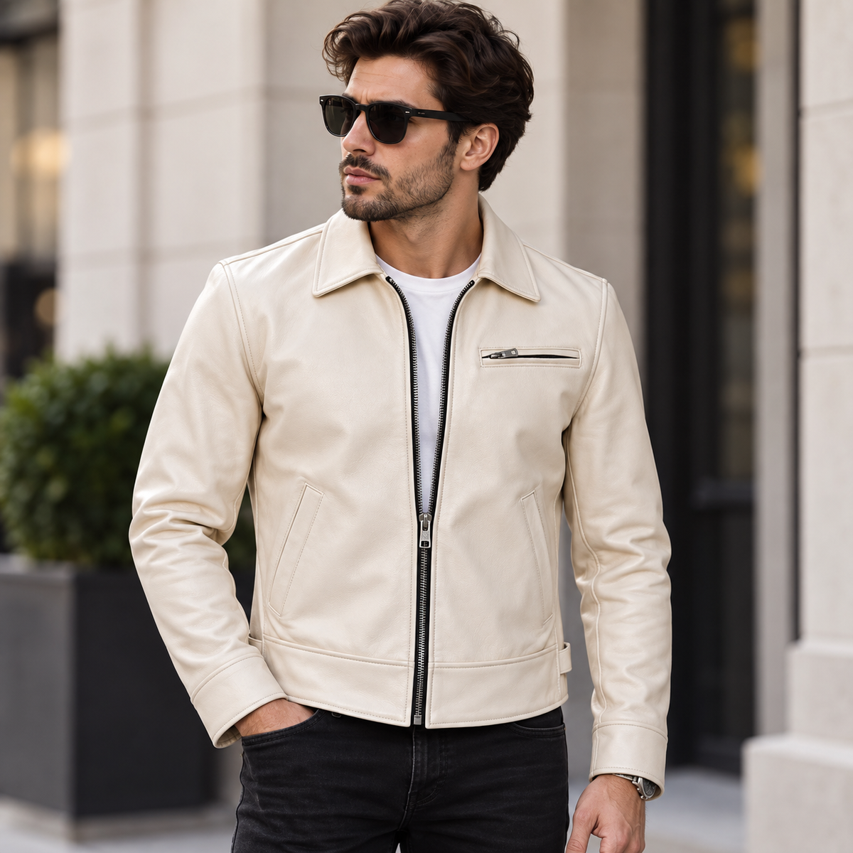 Men’s white cowhide leather jacket with lapel collar and zippered pockets