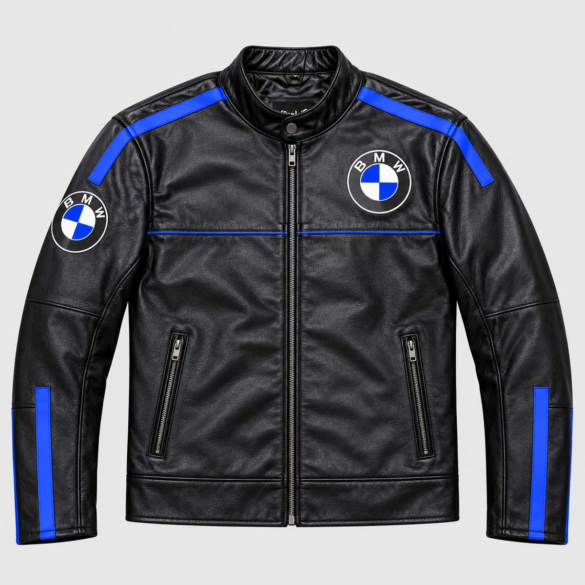 Black faux leather motorcycle jacket with blue stripe accents and BMW roundel logos on the chest and left sleeve, shown on a light gray background.