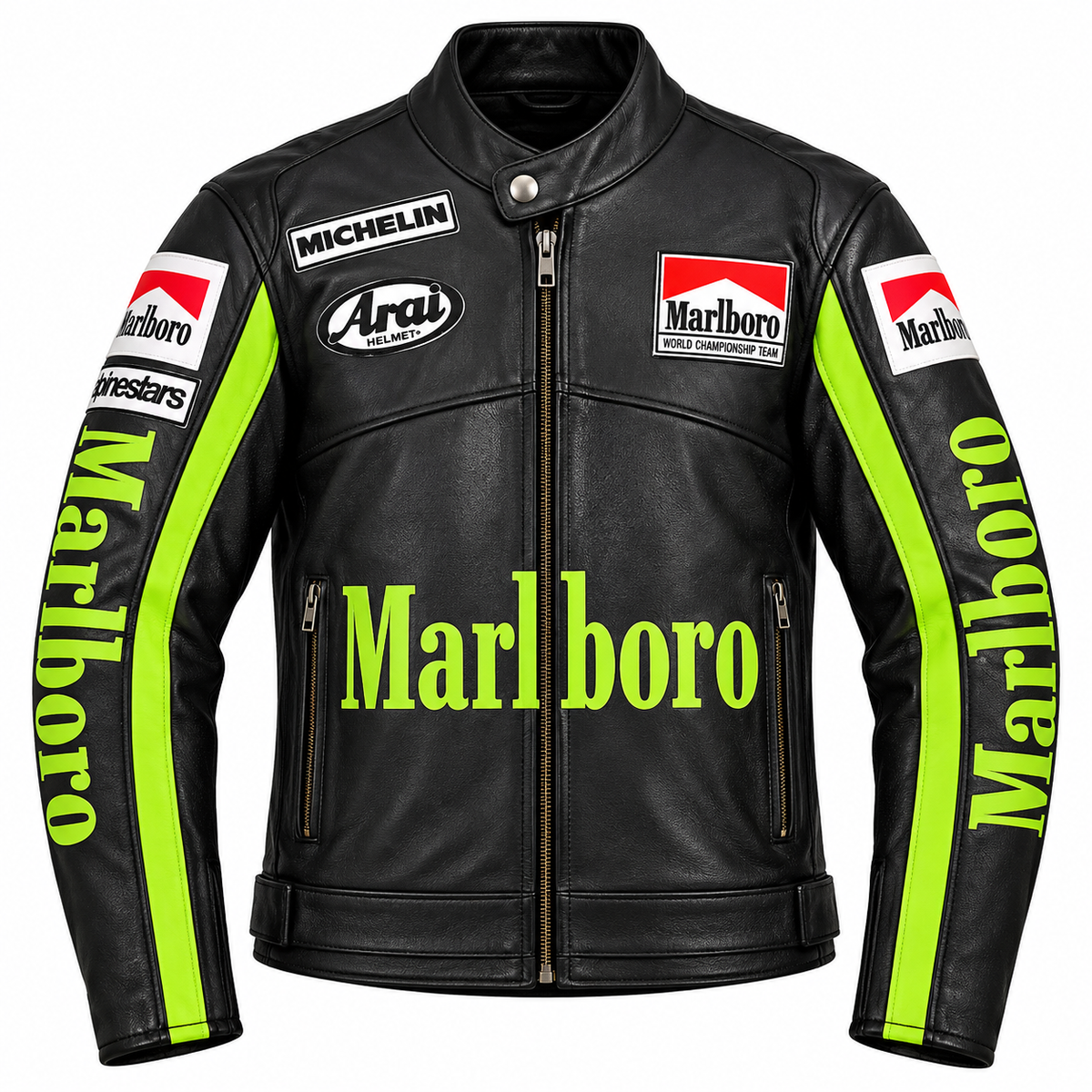 Black leather motorcycle jacket with bright neon green stripes on the sleeves, featuring large Marlboro logos on the front and sleeves, an Arai shield logo on the chest, and a Michelin patch near the collar, shown on a plain white background.