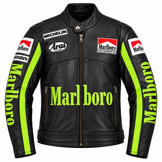 Black leather motorcycle jacket with bright neon green stripes on the sleeves, featuring large Marlboro logos on the front and sleeves, an Arai shield logo on the chest, and a Michelin patch near the collar, shown on a plain white background.