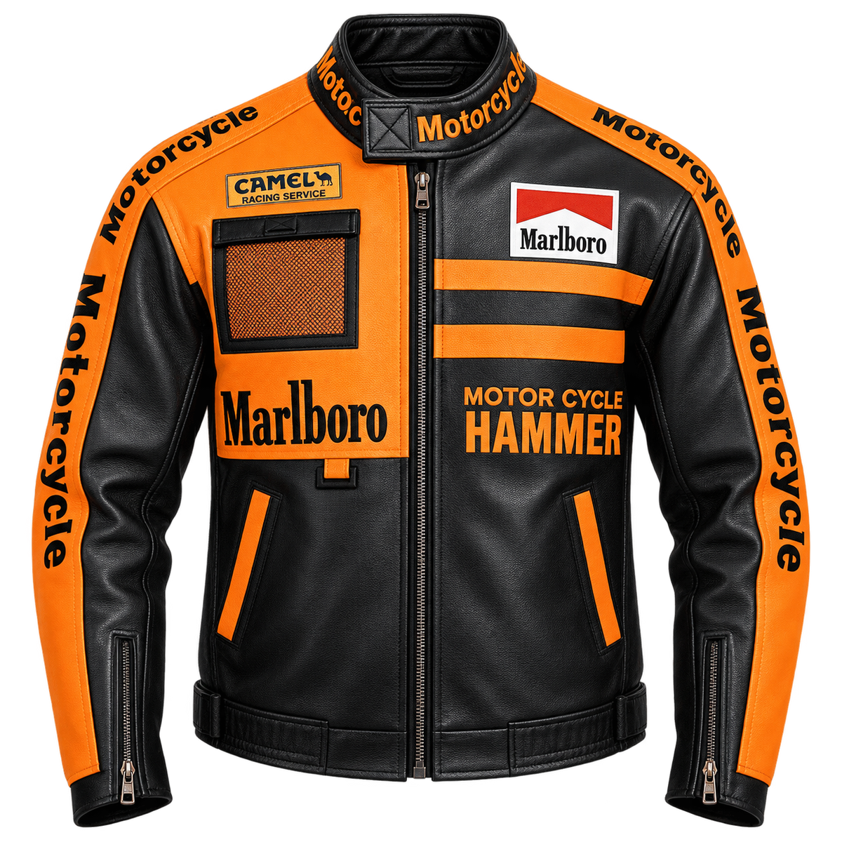 A black and orange motorcycle-themed leather jacket with Marlboro and Camel Racing Service logos, featuring a front zipper, zippered pockets, and 'Motorcycle Hammer' text on the chest.