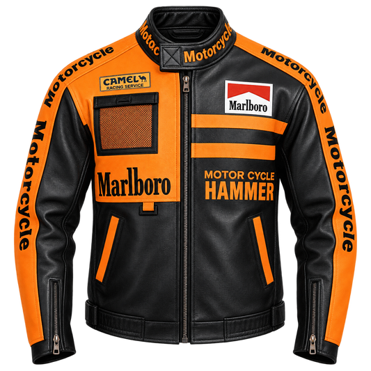 A black and orange motorcycle-themed leather jacket with Marlboro and Camel Racing Service logos, featuring a front zipper, zippered pockets, and 'Motorcycle Hammer' text on the chest.