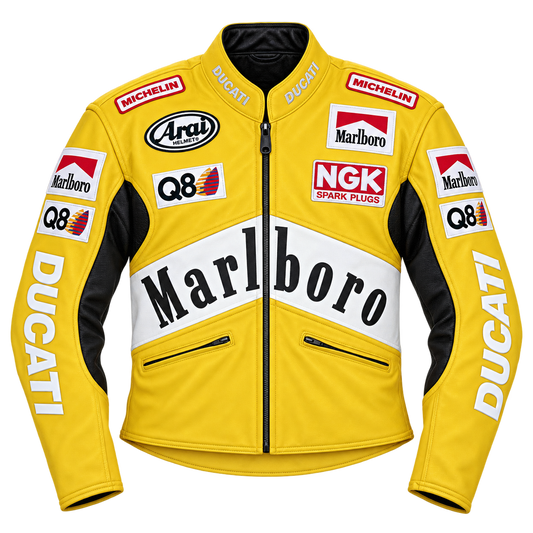 A yellow motorcycle racing jacket with black and white panels, featuring prominent sponsor logos including Ducati, Marlboro, Michelin, Arai, Q8, and NGK, displayed on a clean white background.