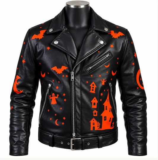 Men’s black asymmetric zip leather jacket with orange Halloween print of bats, ghosts, moons, and a haunted house