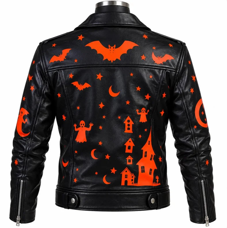 Black leather jacket with orange Halloween-themed graphic print featuring bats, stars, moons, ghosts, haunted houses, and a witch on the back, displayed on a mannequin torso against a white background.