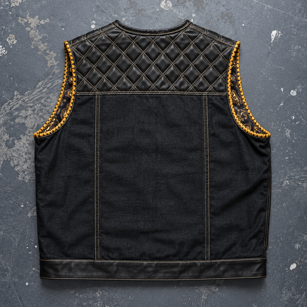 Men's Black Denim & Leather Motorcycle Vest – Quilted Yoke, Gold Whipstitch Trim