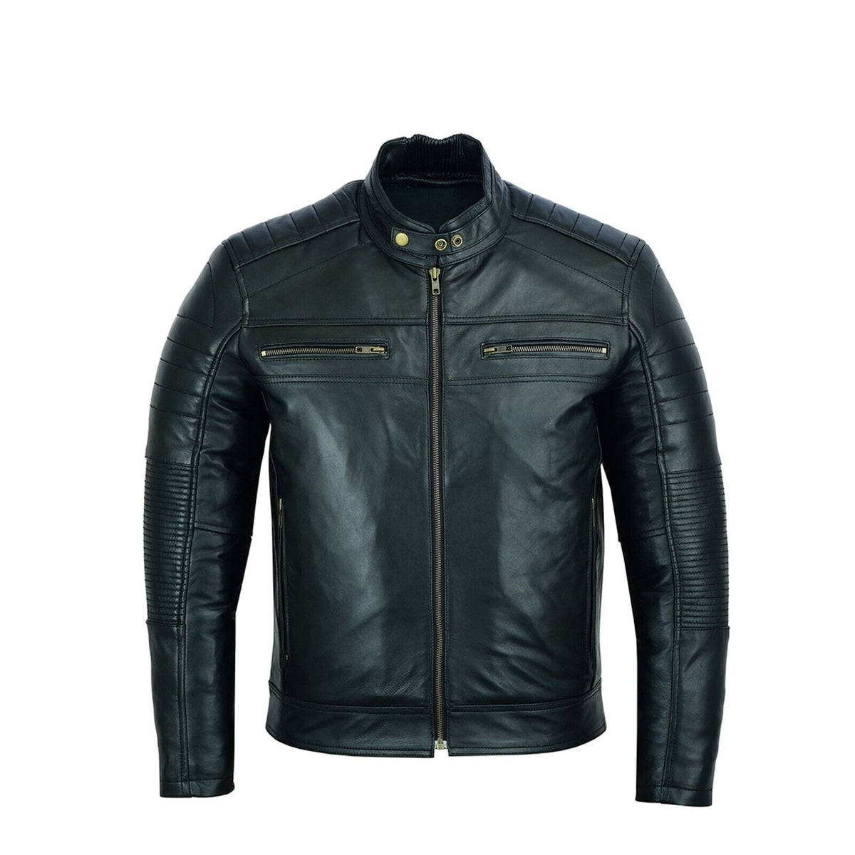 Men's black genuine leather jacket with quilted shoulders and gold-tone hardware