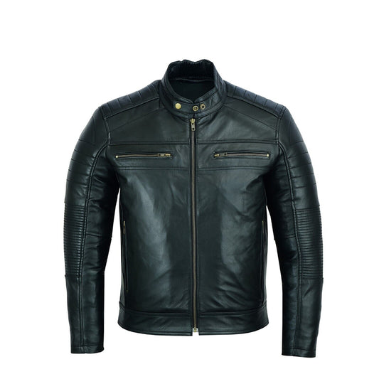 Men's black genuine leather jacket with quilted shoulders and gold-tone hardware
