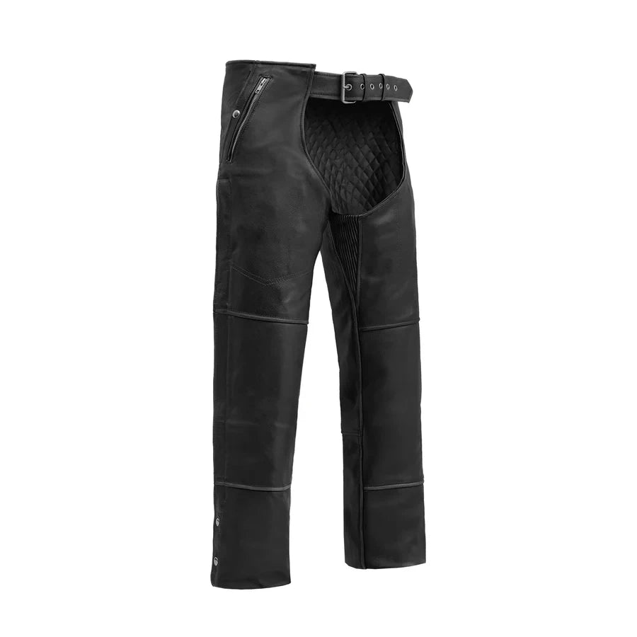 Men's black genuine leather motorcycle chaps with zipper pocket and adjustable buckle waist