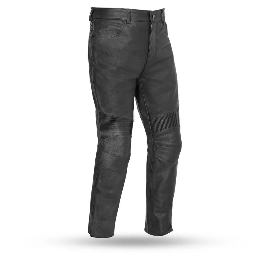 Men's black genuine leather motorcycle pants with five-pocket jean-style layout and quilted knee panels