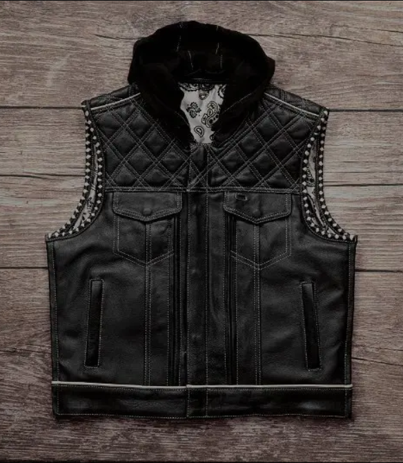 Men's black genuine leather motorcycle vest with fur-lined hood and diamond quilted shoulders