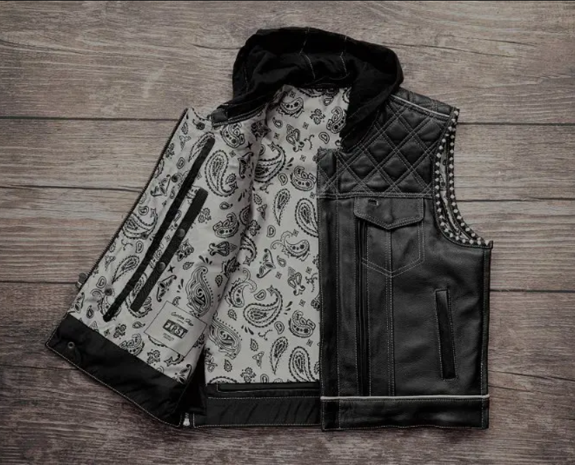 Men's Hooded Leather Motorcycle Vest – Diamond Quilted Biker Vest
