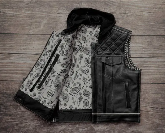 Men's Hooded Leather Motorcycle Vest – Diamond Quilted Biker Vest