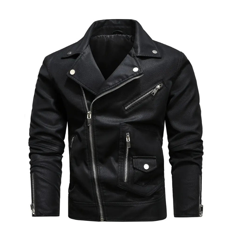 Men's black leather jacket with asymmetric front zip and notch lapel collar